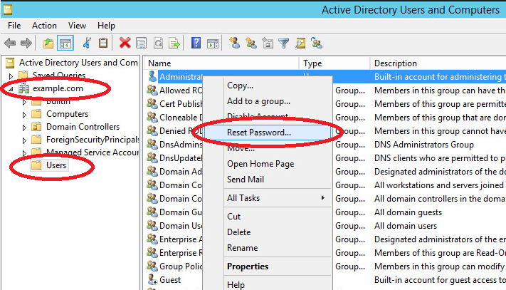 Aprire "Utenti e computer di Active Directory" per reimpostare la password di dominio.