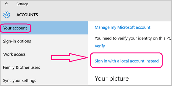 Passa dall'account Microsoft all'account locale in Windows 10
