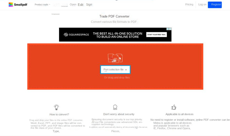 L'interfaccia iniziale del sito web di smallPDF