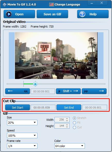 Interfaccia operativa del software Movie To GIF