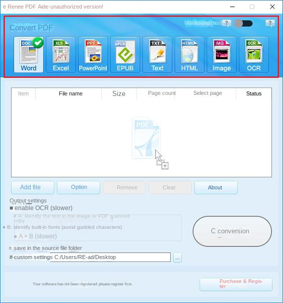 Selezione del formato di conversione