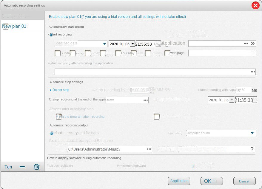 Pagina delle impostazioni di registrazione automatica