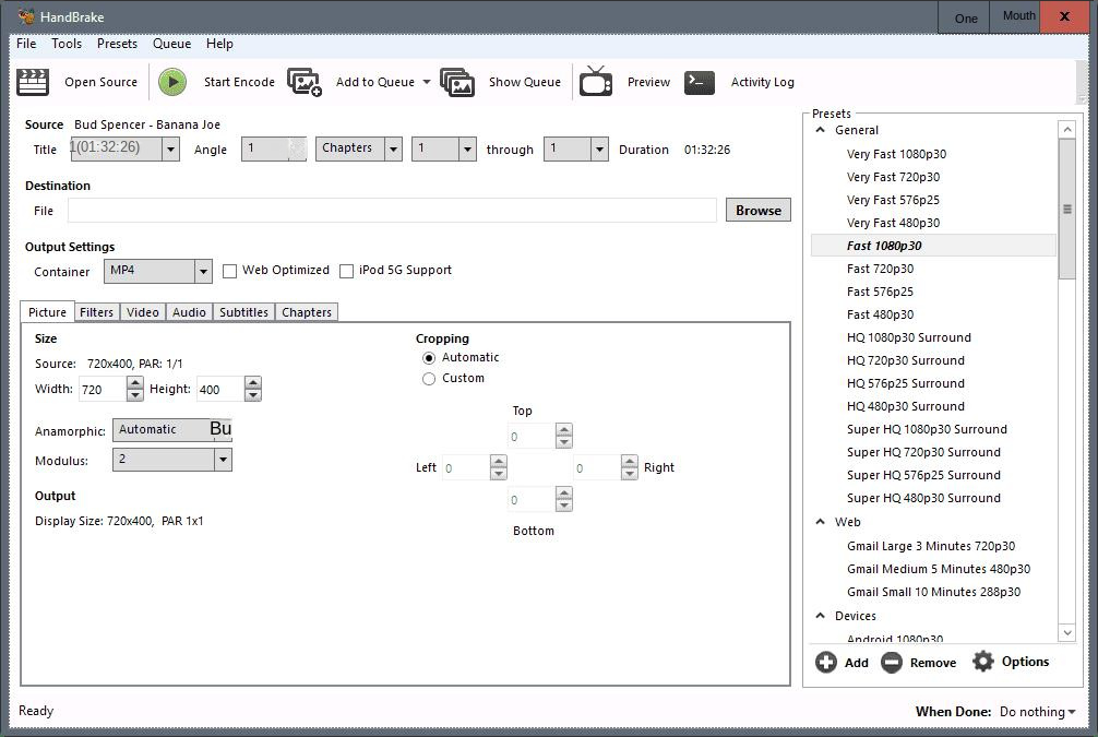 Interfaccia operativa del software HandBrake