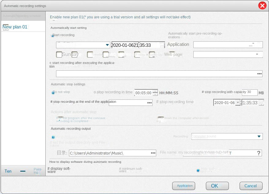 Pagina delle impostazioni di registrazione automatica
