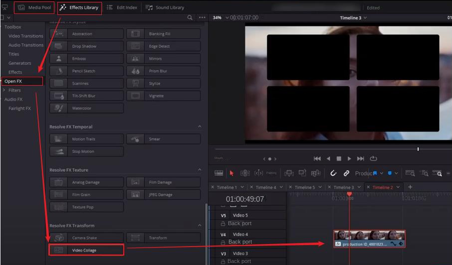 Importare il video in DaVinci Resolve e selezionare lo stile dello schermo diviso