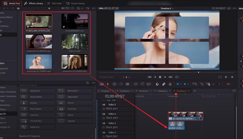 DaVinci Resolve aggiunge nuovi filmati alla timeline