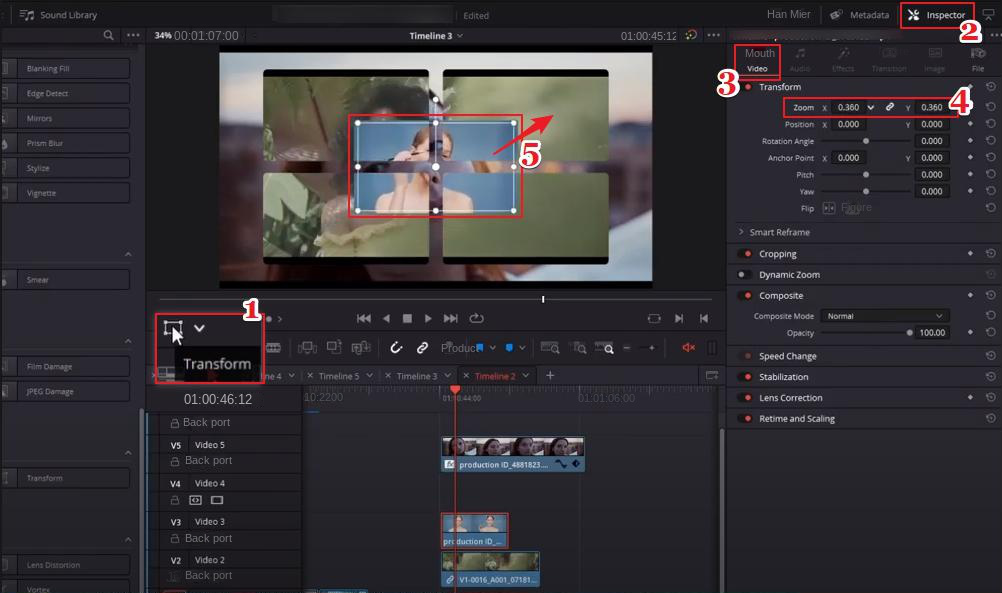 DaVinci Resolve regola le dimensioni e la posizione dei video