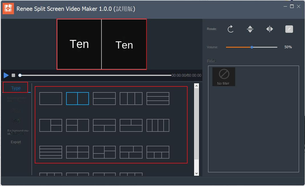 Interfaccia di impostazione della schermata video a schermo diviso di Renee Video Editor
