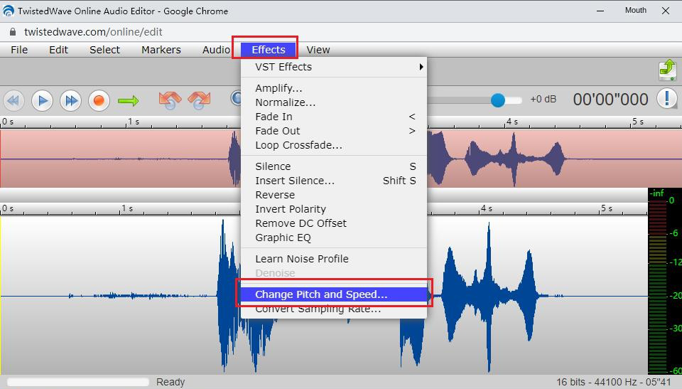 Aprire l'interfaccia di regolazione della velocità nella finestra di editing audio di TwistedWave Online.