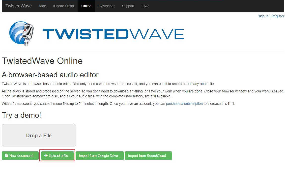 Caricare i file su TwistedWave Online