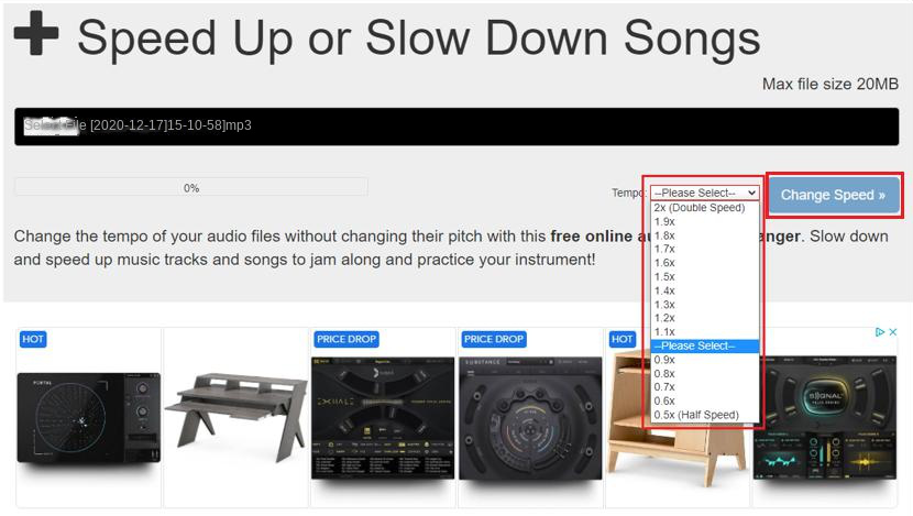 Selezionare la velocità dell'audio nello strumento di editing audio online AudioTrimmer