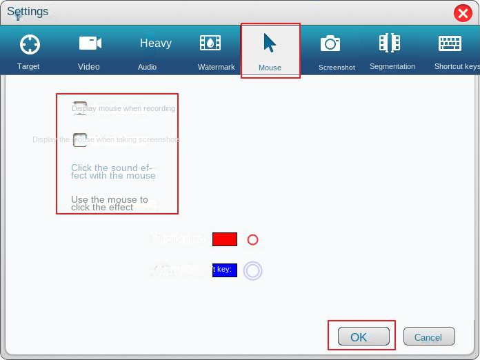 Pagina di impostazioni per la registrazione del mouse