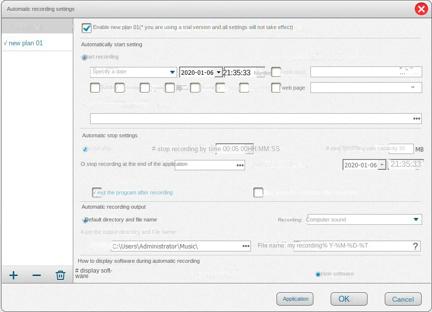Pagina delle impostazioni di registrazione automatica