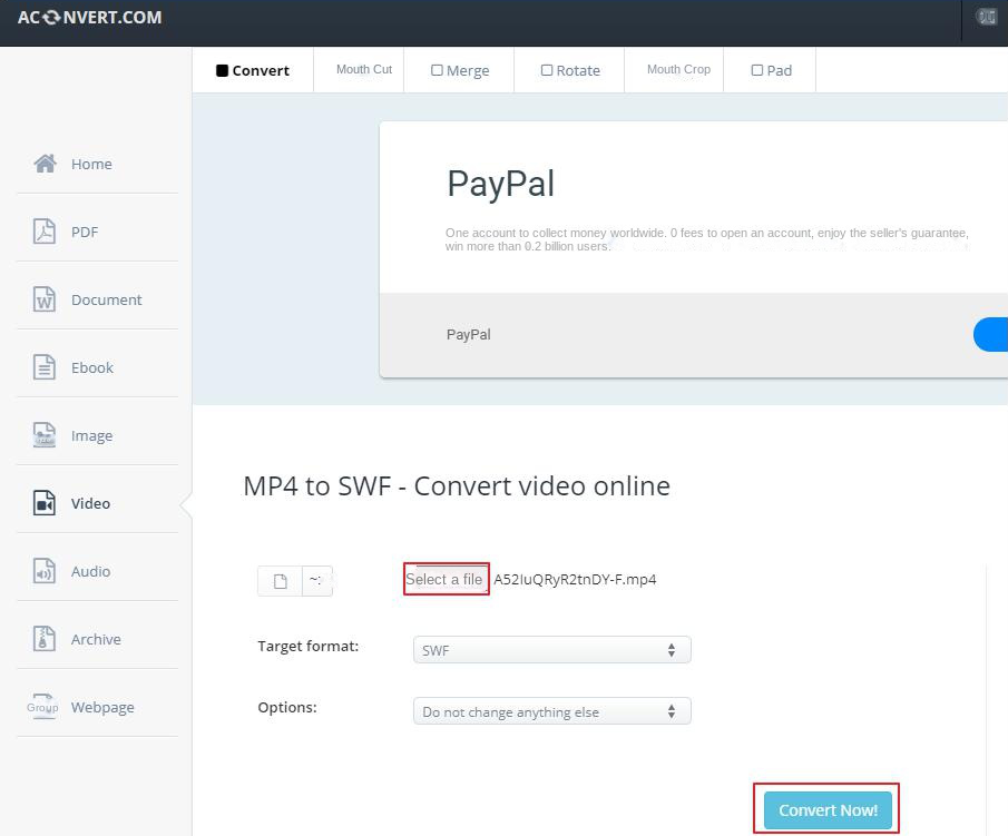 Interfaccia MP4 to SWF del sito web ACONVERT.COM