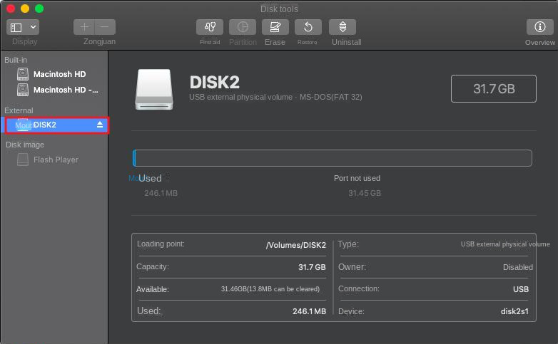 Mac Disk Utility seleziona il disco