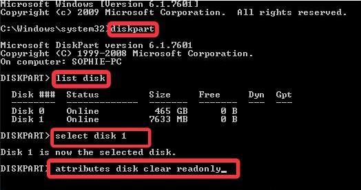 diskpart cancella l'attributo di sola lettura