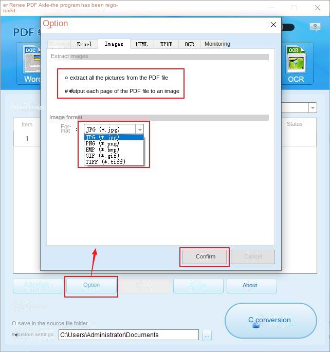 Impostare la modalità di estrazione dell'immagine e il formato dell'immagine