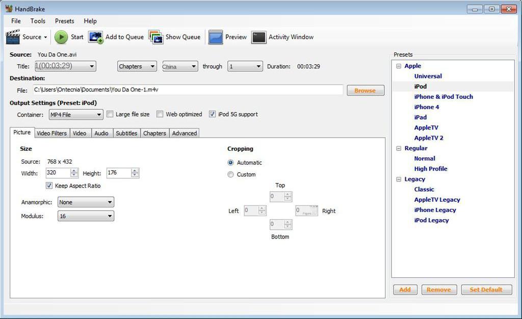 Interfaccia operativa del software Handbrake