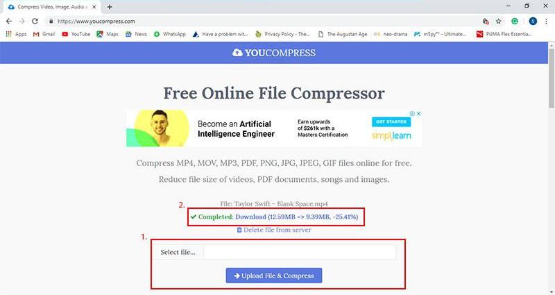 Interfaccia dello strumento online YouCompress