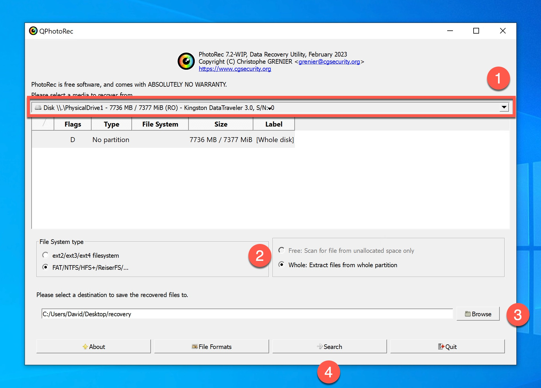 Recupero con QPhotoRec su Windows 10