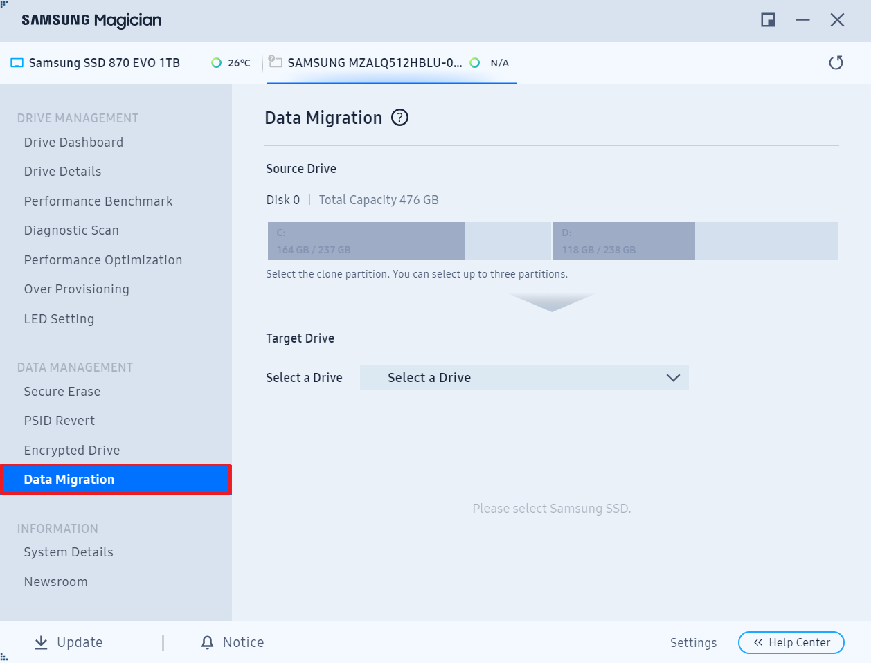 Avviare Samsung Magician e cliccare su Migrazione Dati