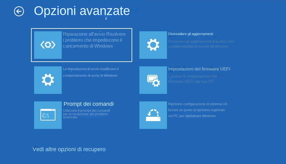 Opzioni avanzate dell'ambiente di ripristino di Windows, selezionare la riparazione dell'avvio.