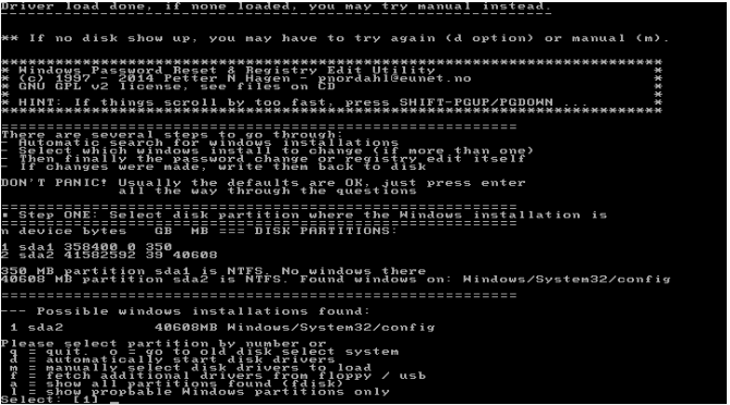 Passwod NT offline e Edito del Registro di sistema selezionare la partizione