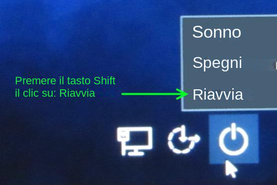 premere il tasto Shift e fare clic sul pulsante di riavvio