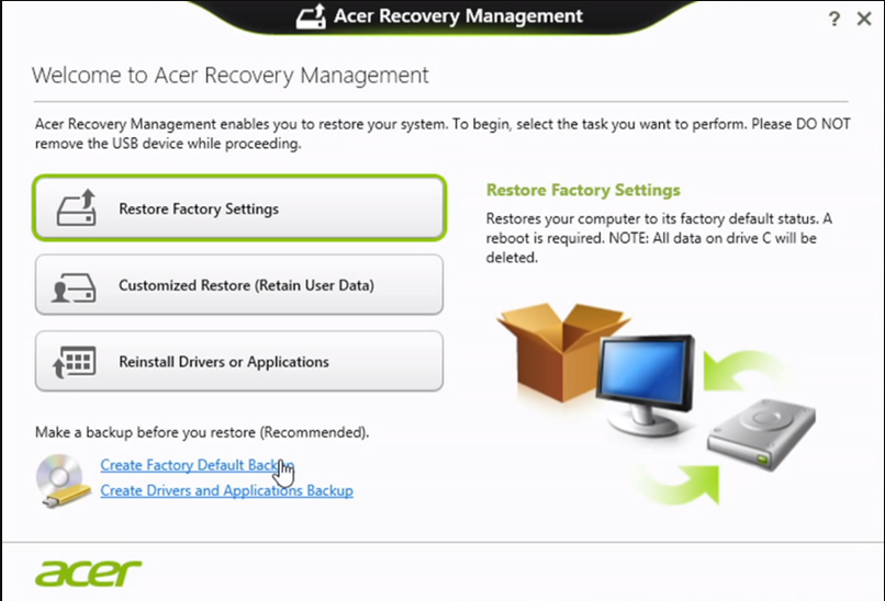 Menu Acer eRecovery Management