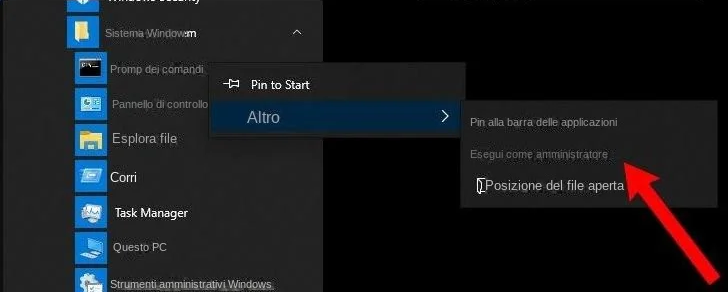 trovare cmd nella barra di ricerca di Windows, fare clic con il pulsante destro del mouse su Prompt dei comandi