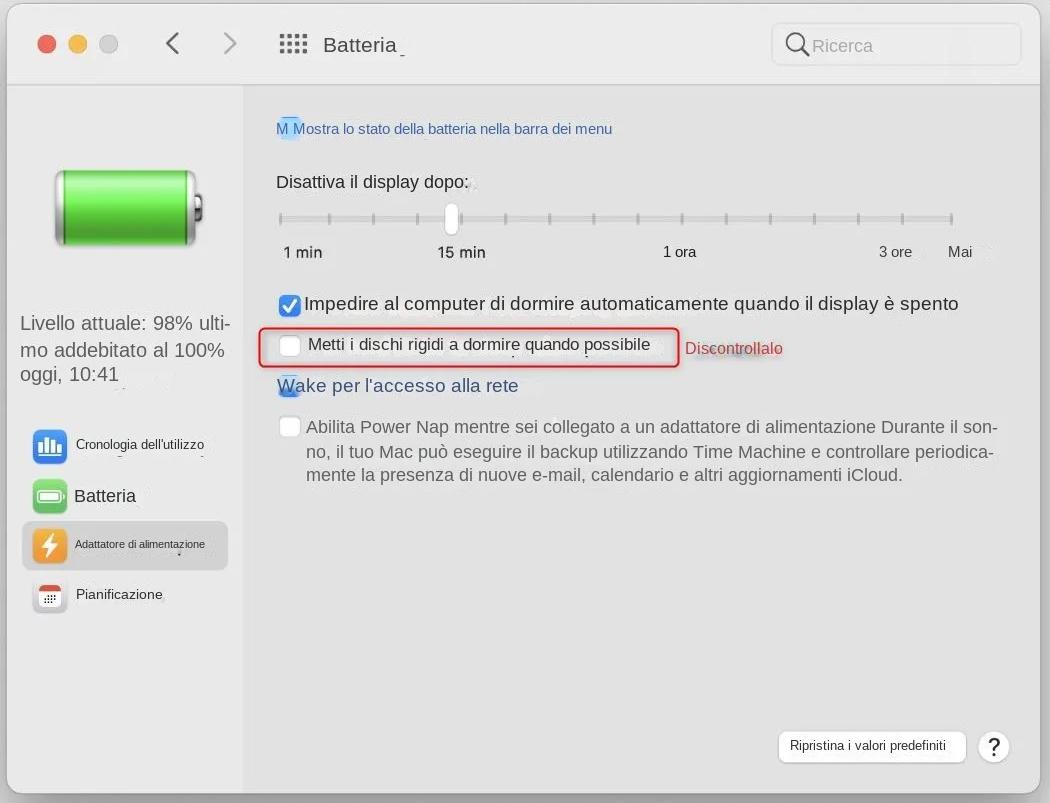 disattivare Mettere a riposo i dischi rigidi quando possibile