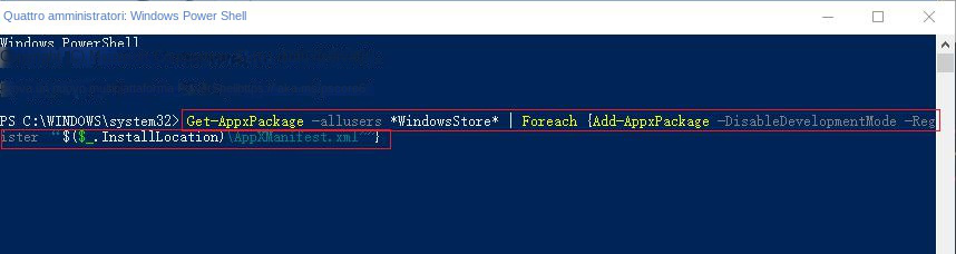 Reinstallare il comando Windows Store