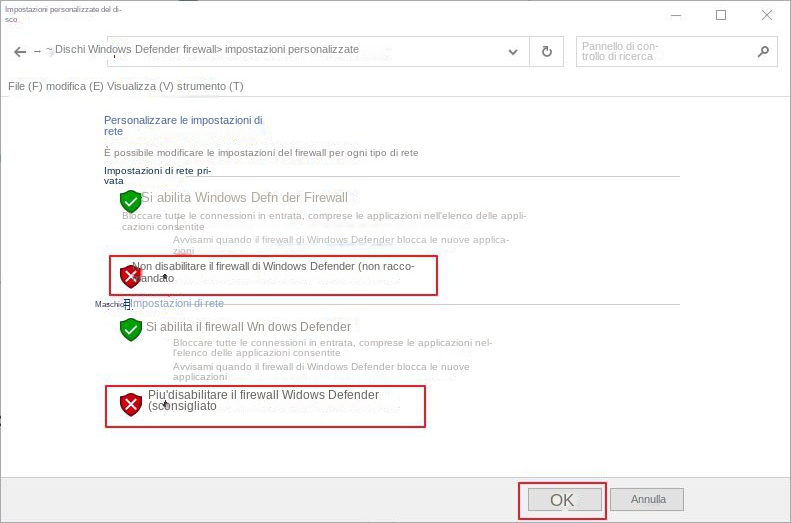 disattivare il firewall