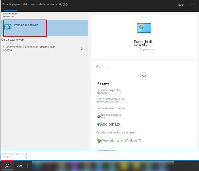 Cerca nel pannello di controllo