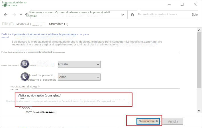 Deseleziona Abilita avvio rapido (consigliato)