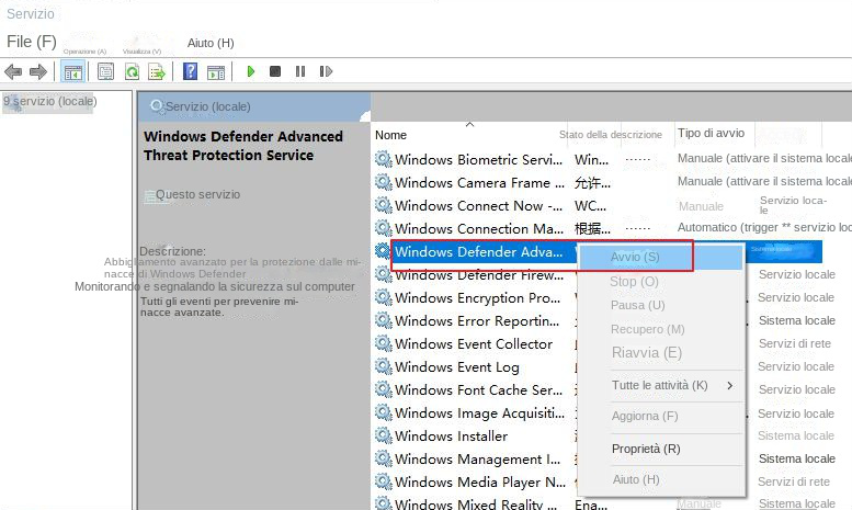 Avvia il servizio di protezione avanzata dalle minacce di Windows Defender