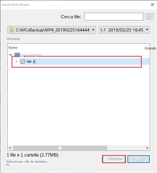 Scegli dove ripristinare i file e fai clic su Ripristina