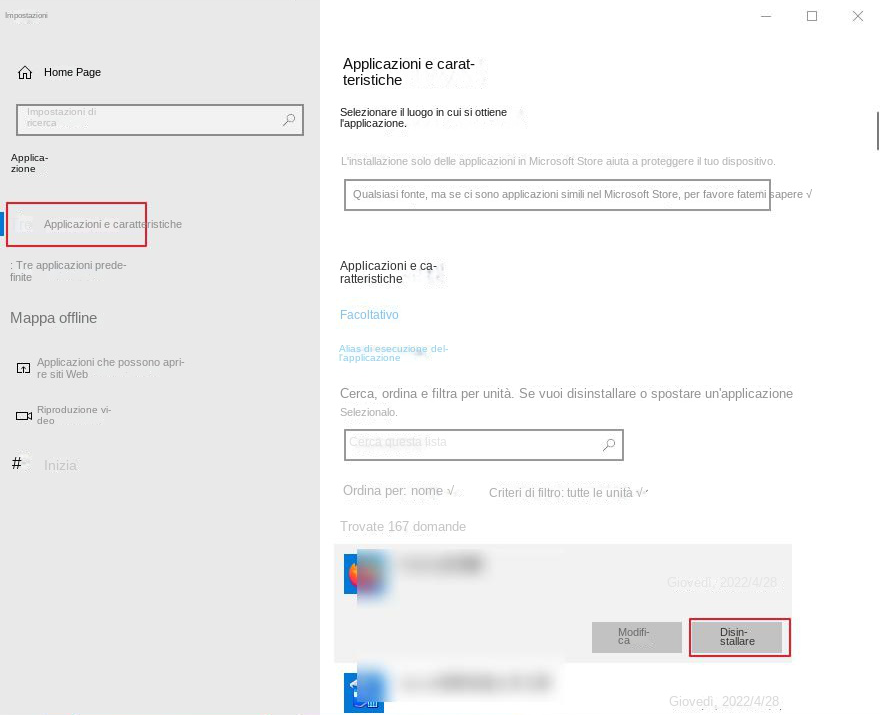 disinstallare il software