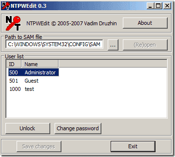 NTPWEdit per reimpostare la password di Windows