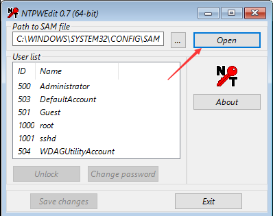 NTPWEdit seleziona la partizione Windows