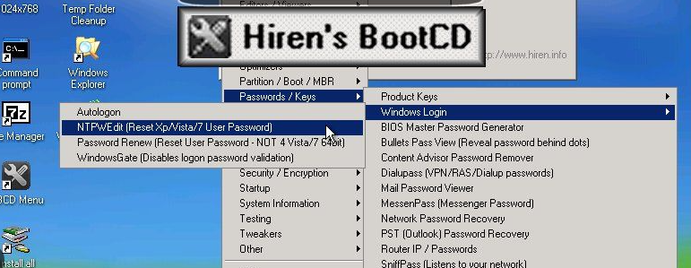 Strumento di rinnovo della password nel CD di avvio di Hiren