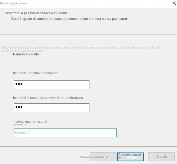 Reimpostare la password dell'account utente per impostare una nuova password