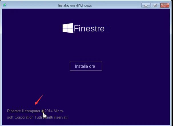 La schermata di impostazione di Windows ripara il computer