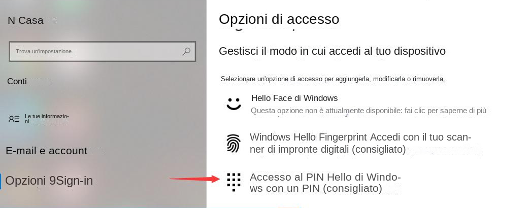 Nel menu "Opzioni di accesso", fare clic sull'opzione "PIN di Windows Hello".