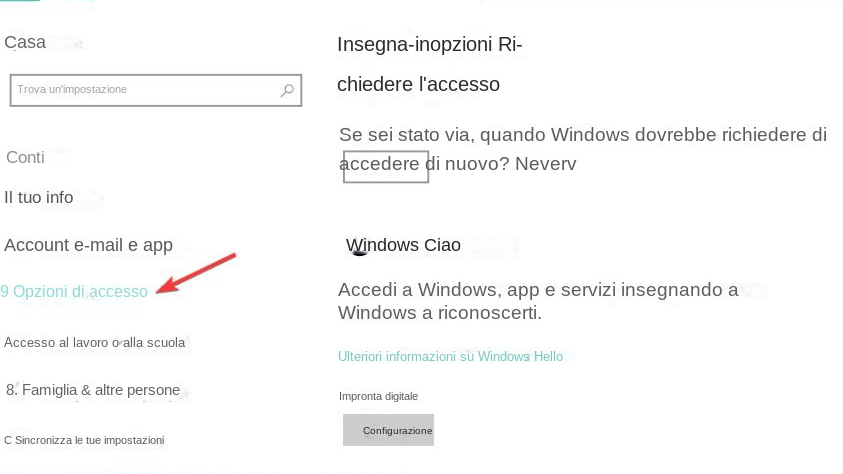 opzioni di account e di accesso