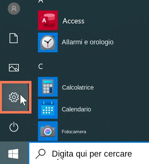 selezionare l'icona dell'ingranaggio per configurare Windows