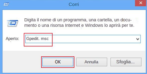 inserire gpedit.msc nella finestra di dialogo Esegui