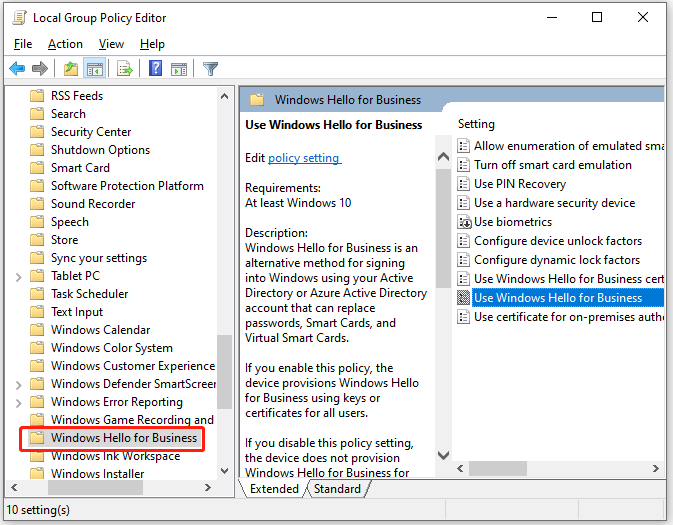 Finestra dell'Editor criteri di gruppo locali Windows Hello for Business