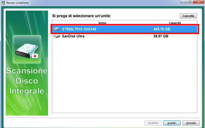 selezionare il disco rigido da analizzare