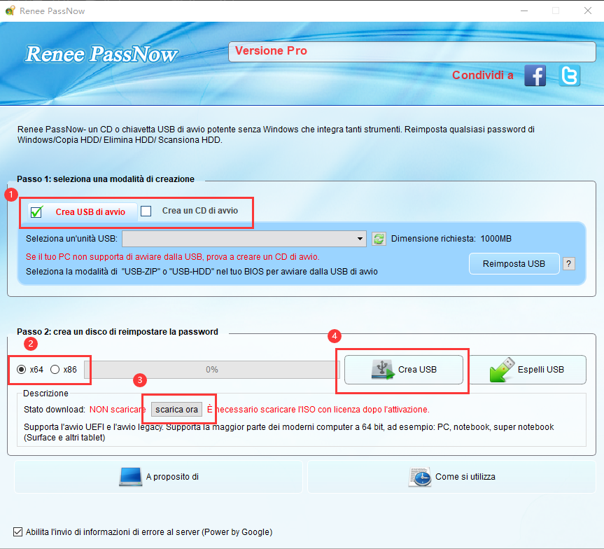 utilizzare renee passnow per creare un usb per reimpostare la passnword